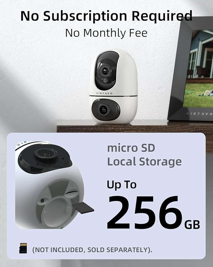 virtavo XD1 Indoor Security WiFi Camera, No Subscription Required, Dual-Lens 360° PTZ Baby Monitor & Pet Cam, Motion Tracking, 2-Way Audio, Night Vision, Cloud/SD Storage, Phone App, Plug-in Power