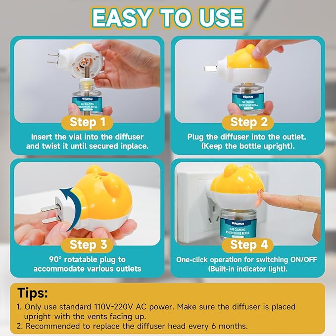 Cat Calming Diffuser - Cat Pheromones Calming Diffuser for Cat Anxiety Relief 6-in-1 Cat Pheromone Diffuser Kit with 2 Diffuser + 4 Refill 48ml Vial - 120 Days Pheromone Diffuser to Calm Cats