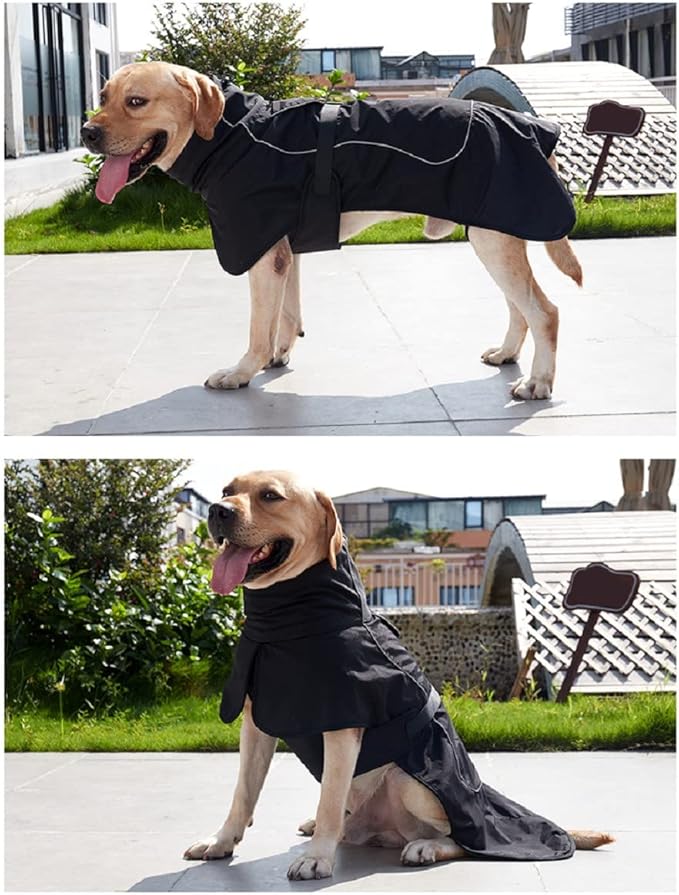 Dog Raincoat - Waterproof Winter Jacket with Velvet Inner, Reflective Strip, Black, XX-Large
