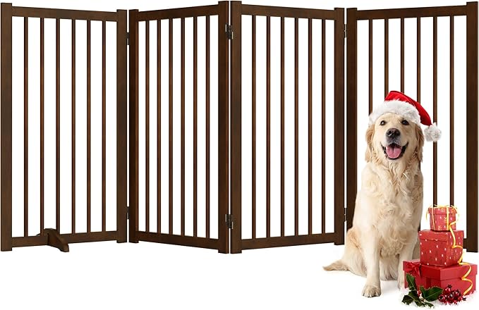 36" H Freestanding Pet Gate, Solid Wood Foldable Dog Gate with Support Feet, Wooden Tall Dog Gate for Doorway, Stairs & Indoor Use, 60" Wide Expandable Pet Fence, 4 Panels, Walnut