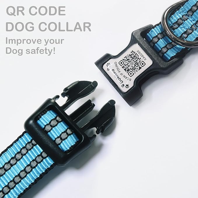 Reflective Dog Collar with Apple AirTag Holder & QR Code Pet ID Tag,Soft Nylon Adjustable Dog Tracker Collar with Safety Lock for Medium Dogs(Blue, M)
