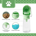 Leak Proof Portable Dog Water Bottle with Bowl – Travel Pet Water Dispenser for Walking & Hiking – Food Grade Plastic – Choose from 3 Colors (Green, 320 ml)