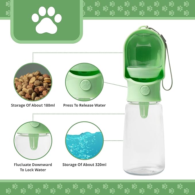 Leak Proof Portable Dog Water Bottle with Bowl – Travel Pet Water Dispenser for Walking & Hiking – Food Grade Plastic – Choose from 3 Colors (Green, 320 ml)