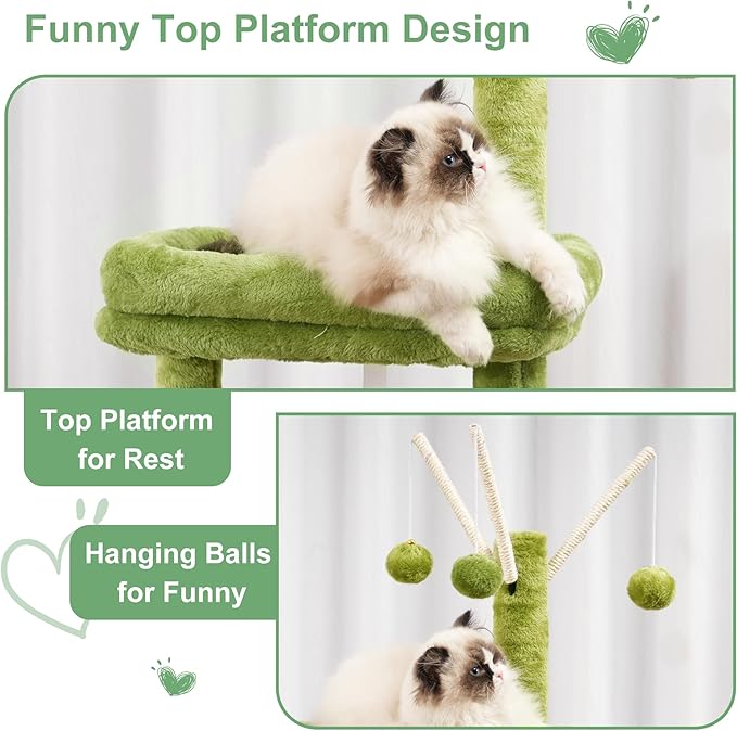 Cat Tree, 63 inch Multi-Level Cat Tower for Indoor Cats, Cat Condo with Cat Scratching Post and Board, Cat Hammock, Green GCT011GR
