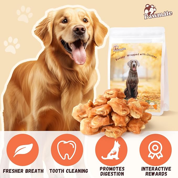 Dog Treats Chicken Wrapped Banana Slices with 1% Taurine, Healthy Training Snacks Rich in Natural Fiber, Rawhide-Free Grain-Free Soft Chews for Small Medium Dogs, 10.6 oz