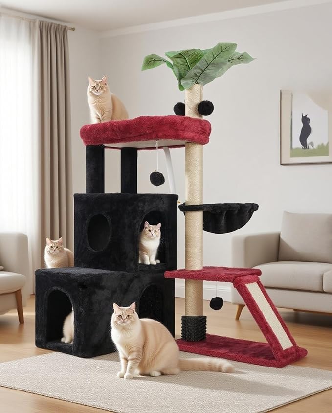 Cat Tree for Indoor Cats Large Adult, Heavy Duty Cat Tower for Big Cats, Cat Tree House with Self Groomer Brush, Big Padded Top Perch, Scratching Post, Hammock, Black and red GCT011MU