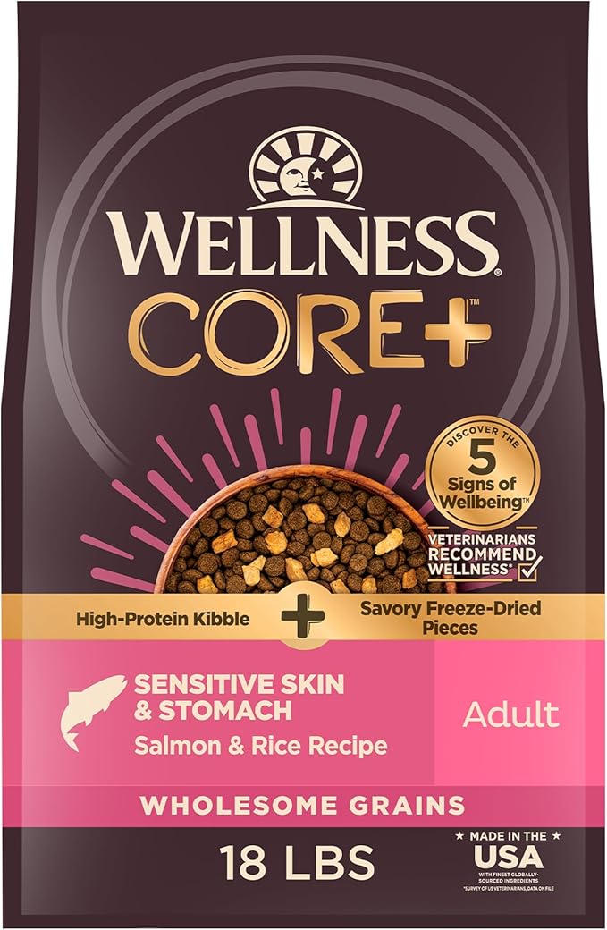 Wellness CORE+ Sensitive Skin & Stomach Dry Dog Food with Freeze Dried Pieces, Wholesome Grains, High Protein, Natural, Salmon & Rice Recipe, (18-Pound Bag)
