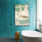 Vintage Tabby Cat in Bathtub Wall Art Funny Japanese Poster Print Relaxation Decor Cute Animal Pet Canvas Neutral Japan Painting for Bathroom Dorm Room Home Aesthetic 20x30inch Metal Black Frame