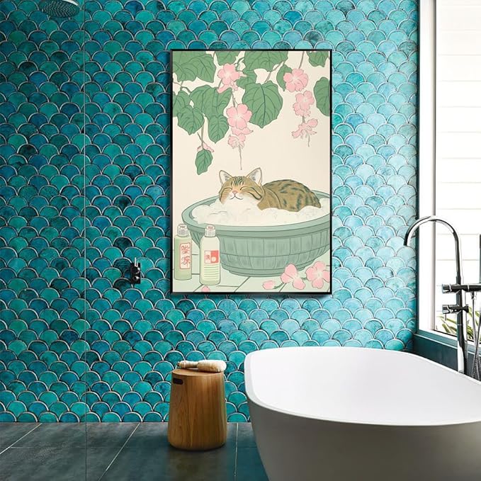 Vintage Tabby Cat in Bathtub Wall Art Funny Japanese Poster Print Relaxation Decor Cute Animal Pet Canvas Neutral Japan Painting for Bathroom Dorm Room Home Aesthetic 20x30inch Metal Black Frame