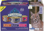 Blue Buffalo Wilderness High Protein, Natural Adult Pate Wet Cat Food Variety Pack, Chicken, Salmon, Turkey 5.5-oz can (24 count - 8 of Each Flavor)