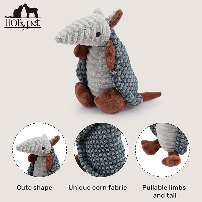 Hollypet Plush Dog Squeaky Toy Stuffed Armadillo Animal Pet Puppy Chew Toys with Clean Teeth for Small Medium Large All Breed Sizes Dogs, Light Gray and Dark Green,8 in