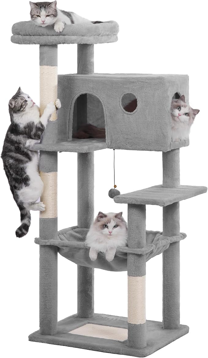 54” Cat Tree with Big Hammock 21x17” Adult Cat Tower with Scratching Posts Featuring Large Top Bed, Scratcher Pad, Spacious Condo House and Detectable Ball for Indoor Cats-Large Gray