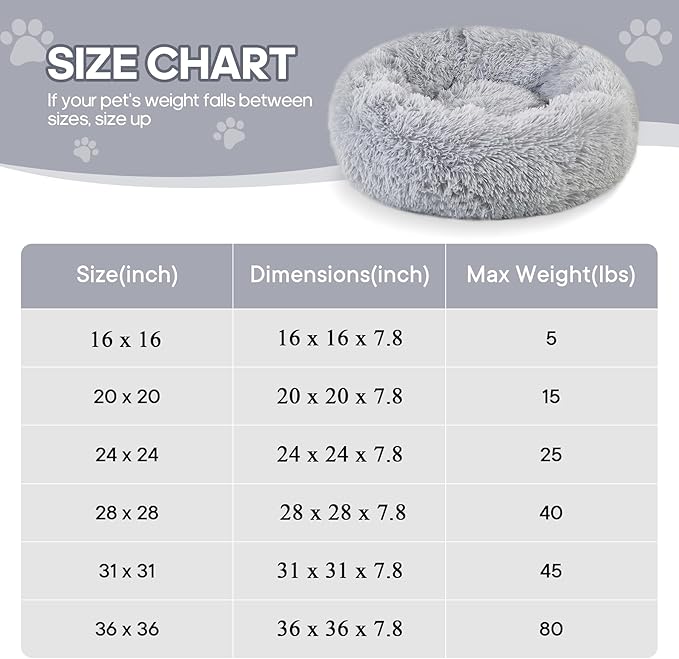 Calming Round Cute Cat & Dog Bed, Anti-Slip Washable Cozy Soft Round Pet Bed, Fluffy Faux Fur Plush Dog Cuddler Bed Fits up to 5 lbs Dogs and Cats(Donut Light Grey, 16inch x 16inch)