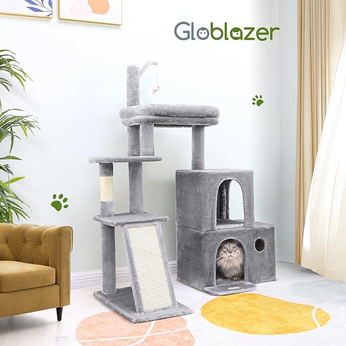 Globlazer Cat Tower for Indoor Adult Cats, 50-inch Heavy Duty Cat Tree for Big Cats, Cat Tree House with Extra-Large Padded Platform, Sisal Scratching Board, 2 Large Condos, F50, Light Grey