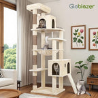 Globlazer Heavy Duty Cat Tree Tower, 70inch Sturdy Cat Tree for Indoor Cats Sturdy Large Cat Tower with Scratching Post and Scratching Board, Hammock, Cat Condo for Adult Cats Kittens, F70 Pro, Beige