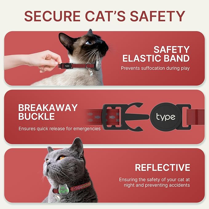 typecase Waterproof Airtag Cat Collar, Breakaway, Reflective Fish Pattern, Lightweight, Hidden Airtag Holder, GPS Tracker - Cats, Kittens (9-13")