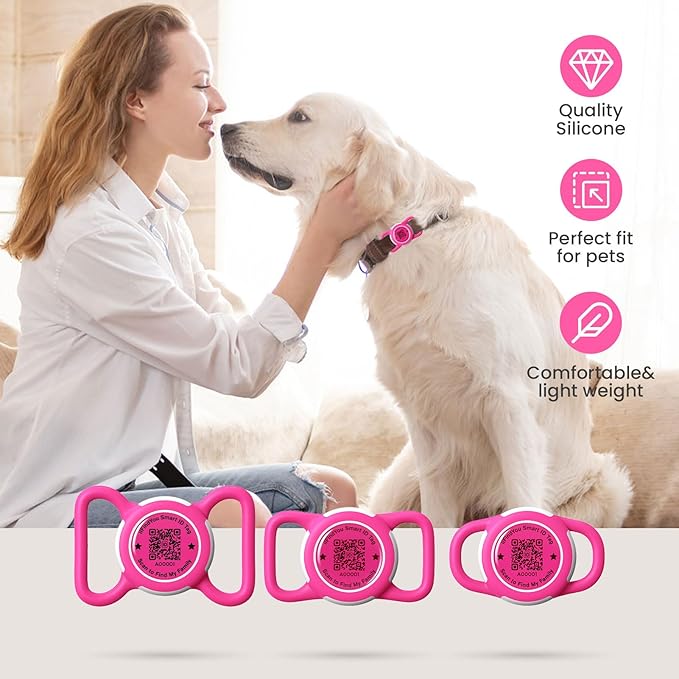 Waterproof AirTag Dog Collar Holder for Apple Tracker QR Code Case Rose Red