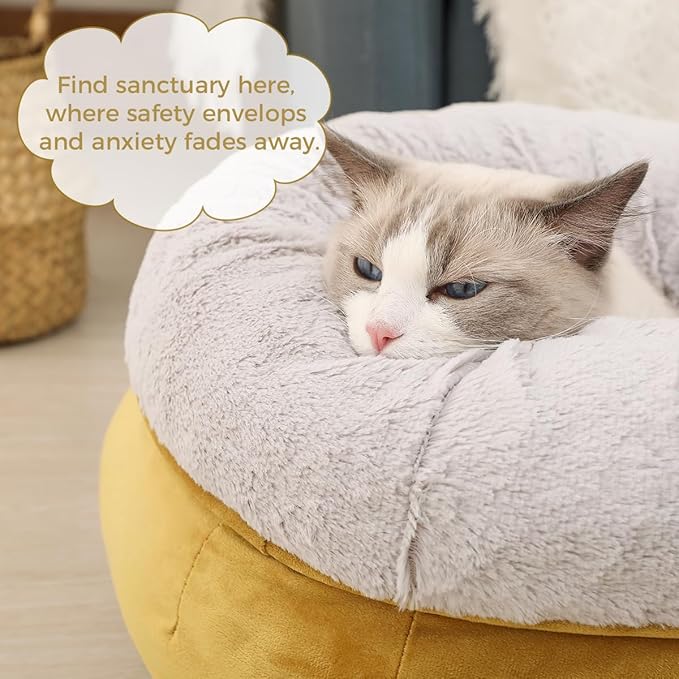Cat Bed for Indoor Cats,Round Cat Bed for Small Pets,Washable Pet Bed with Non-Skid Bottom,Pet Bed for Puppy and Kitty,19 Inches,Yellow