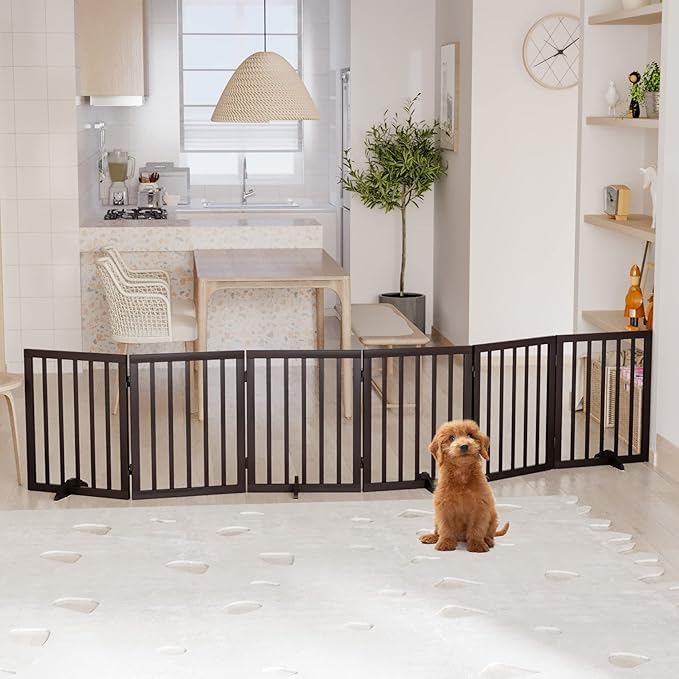 Semiocthome Wooden Freestanding Dog Gates for The House Extra Wide, 6-Panel Pet Gates for Puppy/Doggy with 4PCS Support Feet, Foldable 24“(H) Dog Fences Indoor, Expands Up to 9(ft) /113" (W)- Brown