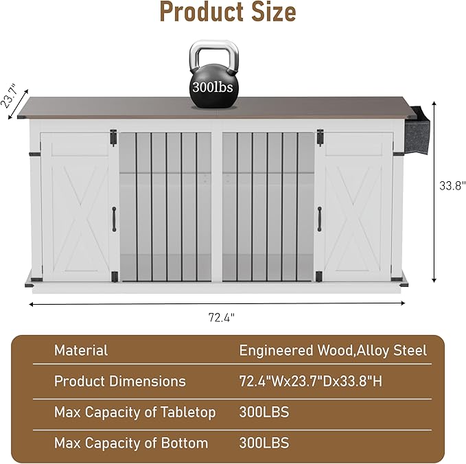 Large Dog Crate Furniture for 2 Dogs, Extra-Large Indoor Dog House with Partition, Heavy-Duty Sturdy Dog Kennel for Large Dogs, 1 Storage Bag, Farmhouse Style Cage