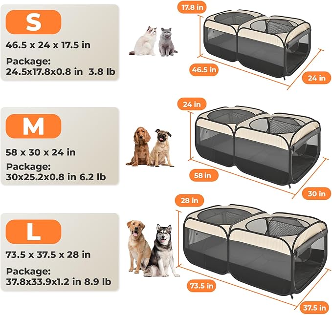 2-in-1 Dog Playpen 46.5''Pop Up Cat Pet Playpen, Assembly-Free Indoor Outdoor Kitten Enclosure, Kitten Pen Cat Cage Portable Puppy Tent Crates Kennel for Small Animals(No Divider, Unified Space)