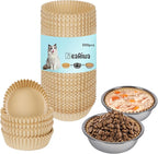 Disposable Cat Food Bowl Set (300 Pcs Small Paper Bowls + 2 Pcs Stainless Steel Pet Bowls) Dog Disposable Bowls Disposable Cat Plates for Wet Food Pet Food Bowl for Pet Feeding Station(Khaki Brown)