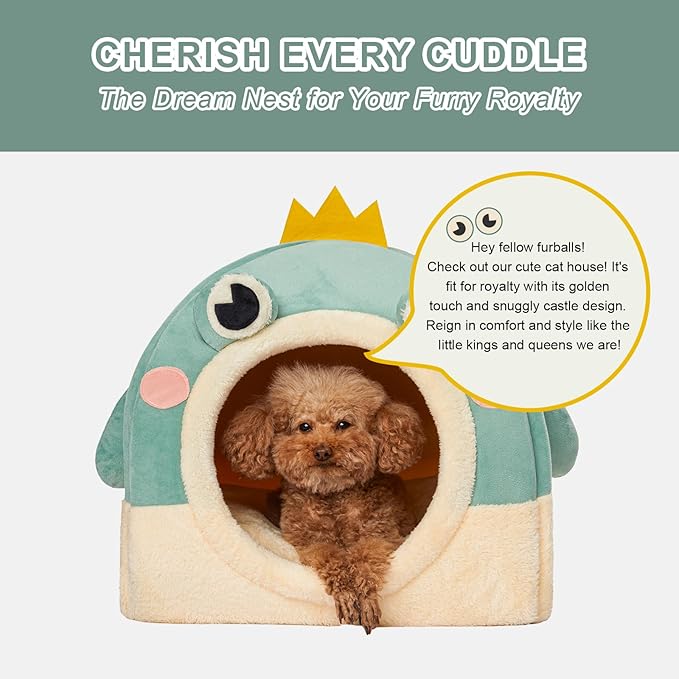 Jiupety Cat Beds for Indoor Cats, Cute Cat House for Cats and Puppy, Cute Cat Cave Bed with Removable Cushion, Large Cat Bed Cat Hideaway, 2-in-1 Cat Tent, L(19" × 19" × 19"), Green.