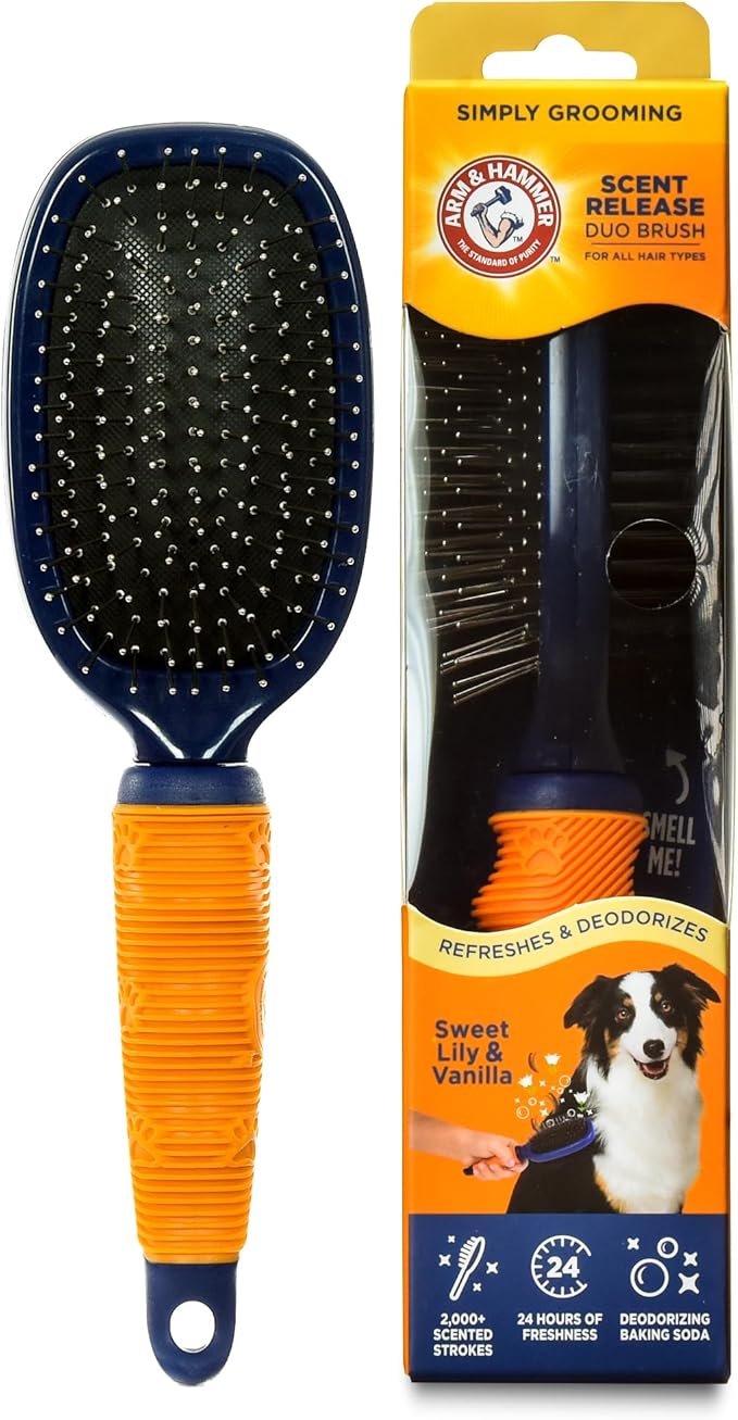 Arm & Hammer “Simply Calm” Dog Grooming Pin & Bristle Deodorizing Brush with Fragrance Transfer Technology – Scented 2-in-1 Brush for Detangling & Shedding, Sweet Lily & Vanilla Scent