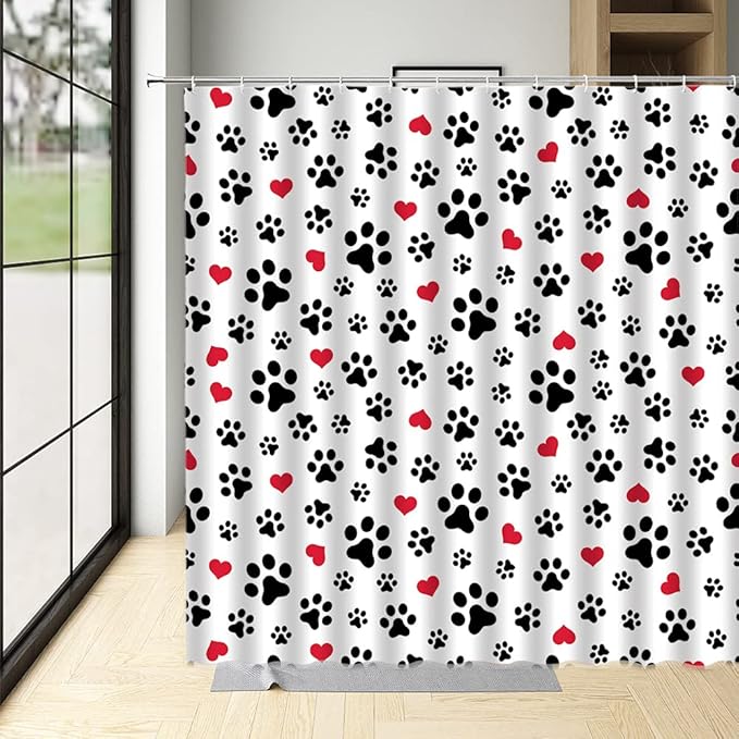 Dog Paw Print Shower Curtain Pet Lovers Cute Kitten Cat Footprint Red Love Heart Abstract Geometric Drawing Style Animal Decor Boys Girls Polyester Fabric Bathroom Curtain 70 x 70 Inch