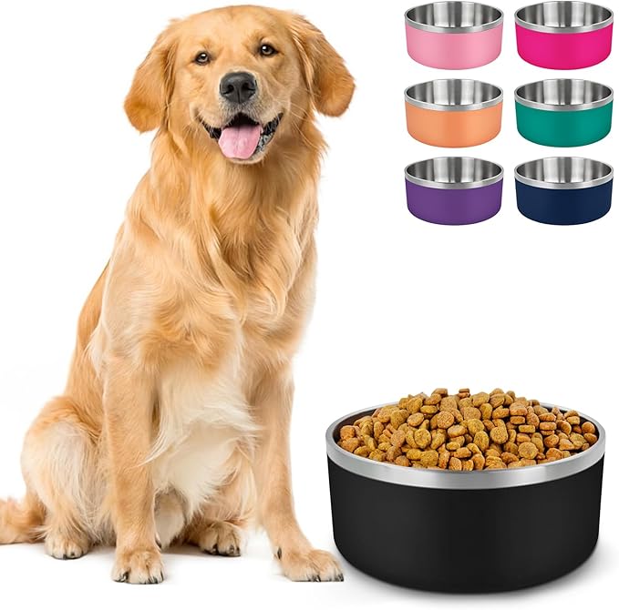 LIHONG Stainless Steel Dog Bowls for Large Dogs,Dog Food Water Bowls with Non Slip Rubber Bottom,Pet Feeding Bowl,Double Wall Insulated,Rustproof(64oz,Black)