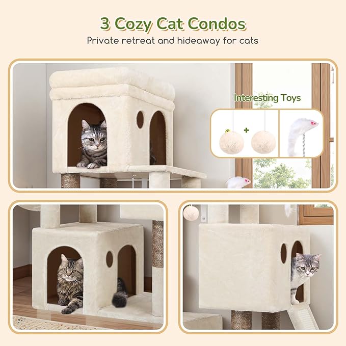 Globlazer Cat Tree Tower for Indoor Cats, 52in Multi-Level Heavy Duty Cat Tower with 4 Scratching Posts, Ladder, Sturdy Cat Tree with 3 Cat Condos for Adult Cats Kittens, Hanging Basket, F52B, Beige