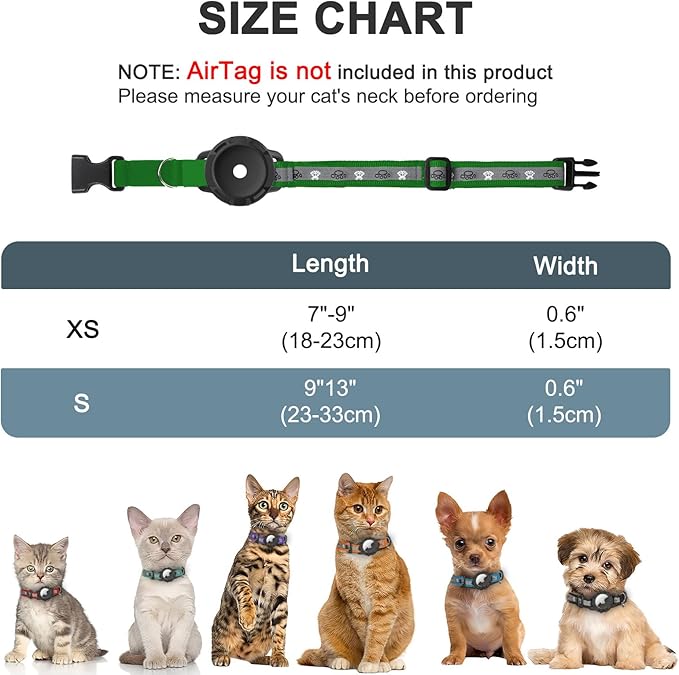 Reflective AirTag Cat Collar, Integrated Cat Tracker Collar with Air Tag Holder and Bell, Safety Elastic Band Cat GPS Collars for Girl Boy Cats, Kittens and Puppies (Emerald,S)