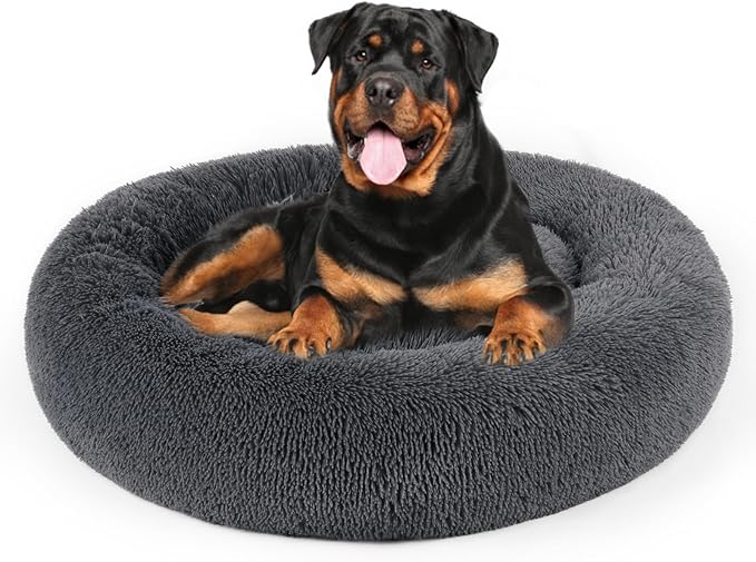 Dog Bed, Cat Calming Bed, Faux Fur Pillow Pet Donut Cuddler Round Plush Bed for Large Medium Small Dogs and Cats (Dark Grey, 44.0" L x 44.0" W x 7.0" Th)