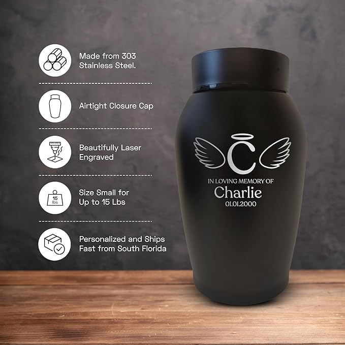 Personalized Custom Small Keepsake Urn Engraved with Pet Name, Date and Cat Design - 5.2" Black Powder Coated Steel Cremation Urn for Cat Ashes | 12-16 lb Capacity, Letters with Angel Wings and Halo