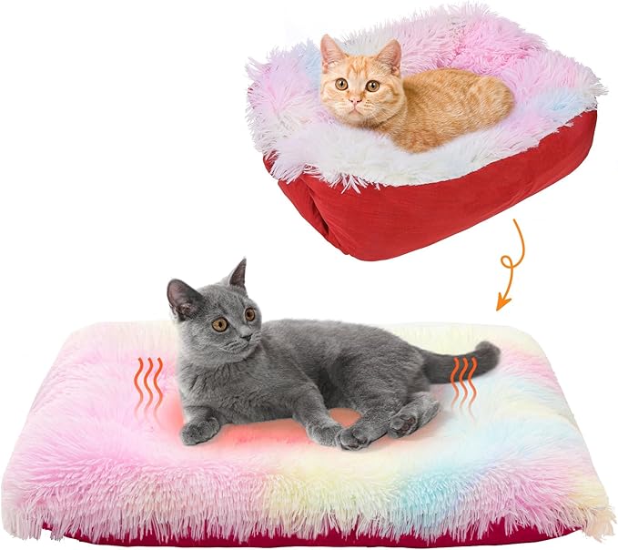 SCENEREAL Self Warming Cat Bed, Heated Cat Bed Mat for Cats Small Dogs, 2 in 1 Soft Plush, Washable Pet Pad for Indoor Outdoor Kitten Puppy, Colorful 24" x 20"
