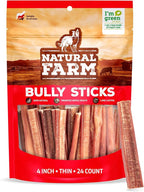 Natural Farm Odor-Free Thin Bully Sticks (4”, 24-Pack) All-Natural Long-Lasting Dog Chews, 100% Beef Pizzle, Grass-Fed, Grain-Free, Protein for Muscle Development & Energy, Perfect for Small Dogs
