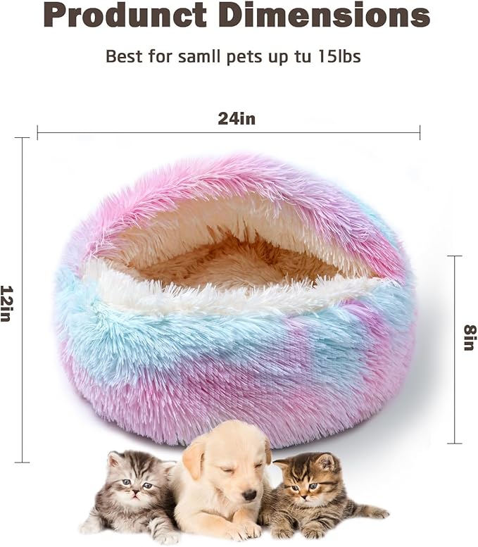 Cat Bed for Indoor Cats, Calming Cozy Cave with Self-Warming Plush, Entire Bed Machine Washable & Anti-Slip Base, Breathable Pet Bed for Small Cats&Dogs All Seasons (Dazzling colors, 24*24inch)