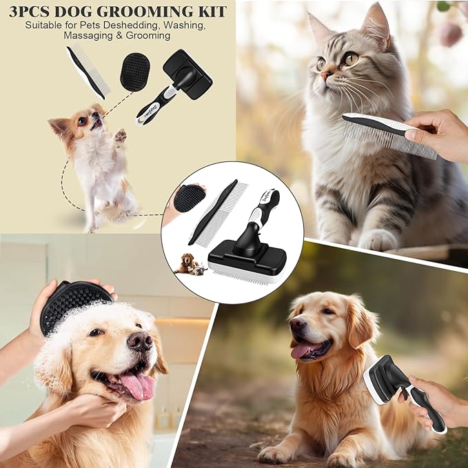 3PCS Dog Grooming Kit - Deshedding Dog Brush, Self Cleaning Slicker Brush, Bath Brush and Comb, Suitable for Hair Removal and Bathing of Dogs & Cats (white Black)