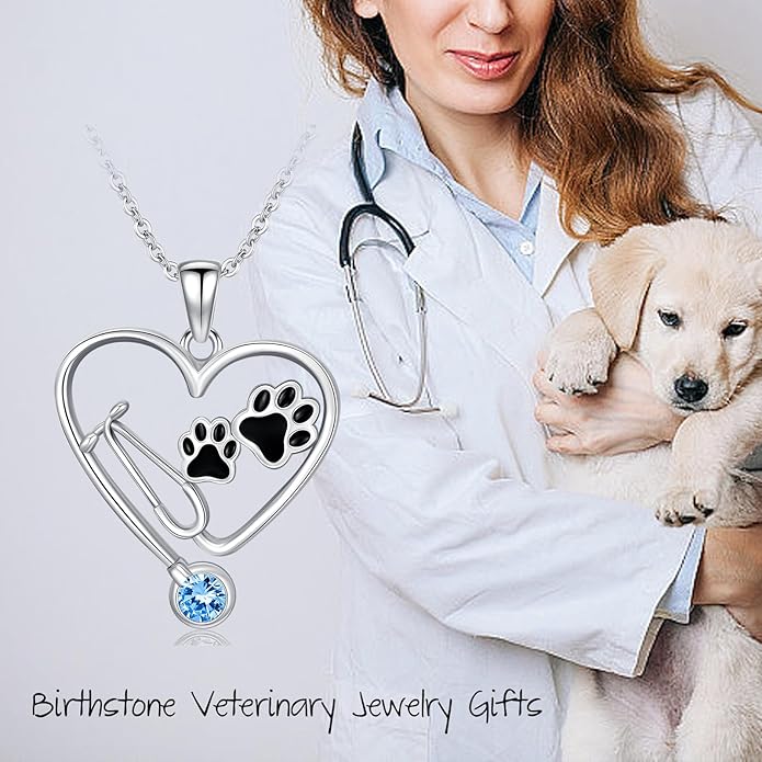Birthstone Veterinary Stethoscope Necklace 925 Sterling Silver Nurse Vet Pendant with Dog Paw Nurse Jewelry Gifts for Veterinarian Nurse Women Veterinarian Gifts