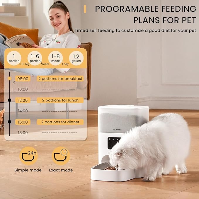 PET MARVEL Automatic Cat Feeder Keep Freshness for 30 Days, Timed Cat Dry Food Dispenser 4.4L, Programable 1-8 Meals Up to 6 Portion Smart Control with LED Display White Visable Semi-Transparent Tank