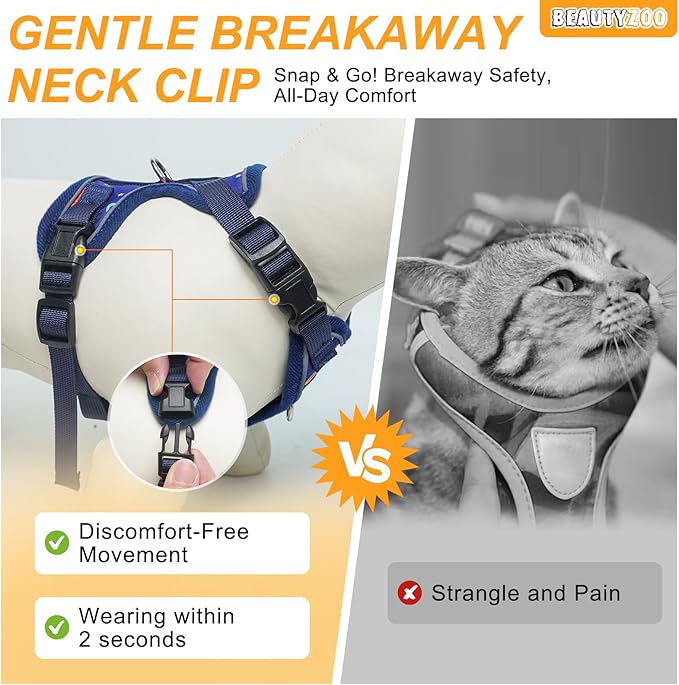 BEAUTYZOO Cat Harness and Leash Escape Proof for Walking[MAX Safety Upgrade]- Neck Release Adjustable Harness for Cats Puppy,Soft Comfortable Lightweight & Reflective Travel Kitten Harness for Outdoor