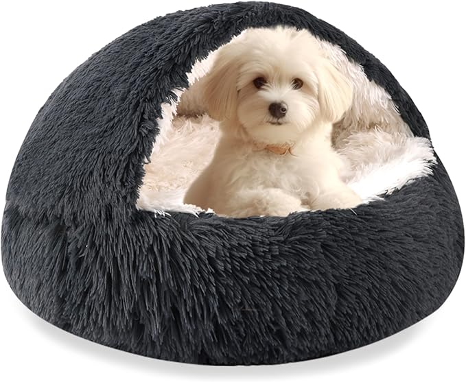 HYQ Dog Bed for Small Dogs, Cozy Cat Cave Bed, Cat Beds for Indoor Cats Washable, Non-Slip Cat Beds, Calming Dog Bed with Hooded Cover, Dog Bed with Cover for Small Medium Pets(Dark Grey, 24×24 Inch)
