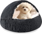 HYQ Dog Bed for Small Dogs, Cozy Cat Cave Bed, Cat Beds for Indoor Cats Washable, Non-Slip Cat Beds, Calming Dog Bed with Hooded Cover, Dog Bed with Cover for Small Medium Pets(Dark Grey, 24×24 Inch)