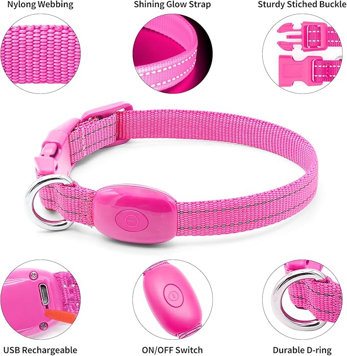 Light Up Collar for Small Dogs& Cats, Reflective LED Dog Collar Rechargeable Puppy Safety Lights for Nighttime Walking (Pink)