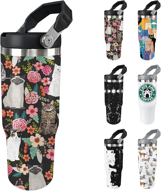 Cat Tumbler with Lid and Straw 30oz Stainless Steel Cute Water Bottle Cup Funny Gifts for Women Girls