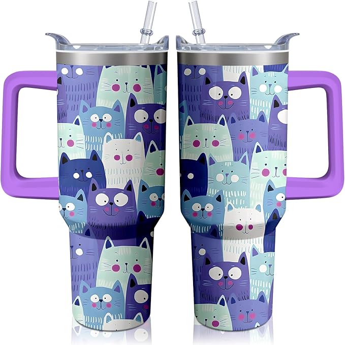 40oz Cute Cat Tumbler with Handle and Straw, Stainless Steel Insulated Cup with Lid, Travel Coffee Mug Water Bottle, Birthday Mothers Day Gifts for Women Men Animal Lovers