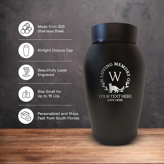Personalized Custom Small Keepsake Urn Engraved with Pet Name, Date and Cat Design - 5.2" Black Powder Coated Steel Cremation Urn for Cat Ashes | 12-16 lb Capacity, Typography + Cat