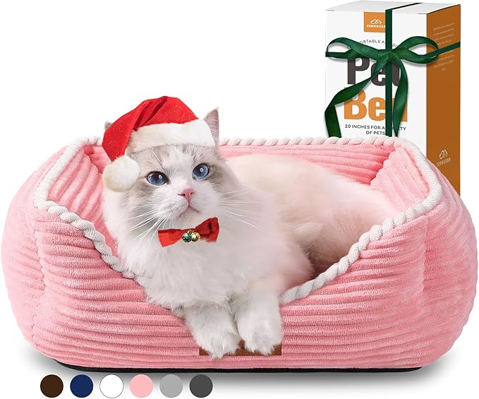 Cat Dog Bed for Pets, Rectangle Pet Bed Gift for Puppy and Kitten, Machine Washable Calming Fluffy Pet Couch Sofa for Indoor Outdoor, Portable Soft Cat Bed with Non-Slip Bottom (Small, Pink)
