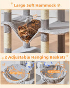 Taoqimiao Cat Tree, 77-Inch Cat Tower for Large Cats Multi-Level Cat Condos for Indoor Cats with 2 Condos, Extra-Lagre Platform, 2 Hanging Baskets, Hammock, 8 Scratching Posts, MS044W Light Gray