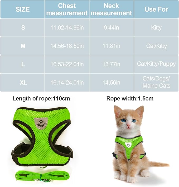 shudyear Summer cat Chest Harness and Leash, Anti-Escape Adjustable Soft mesh cat Leash and Chest Harness Set for All Types of Cats cat Vests (Size M,Green)